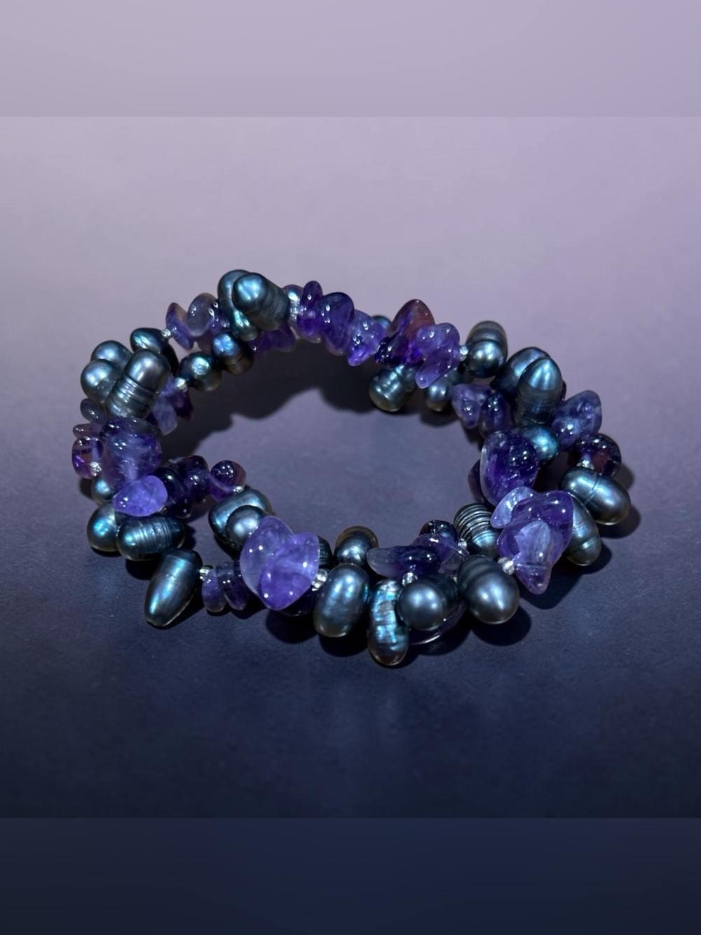 Janes Pearl Purple Amethyst Chip & Metallic Bead Stretch Bracelet